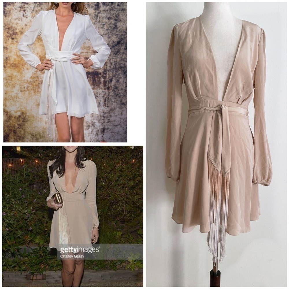 EUC CARMELLA Tan Michli Silk Fringe Belt deep V Neckline Cocktail Dress 4​​​​​​